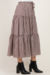 Brown Gingham Tiered Maxi Skirt