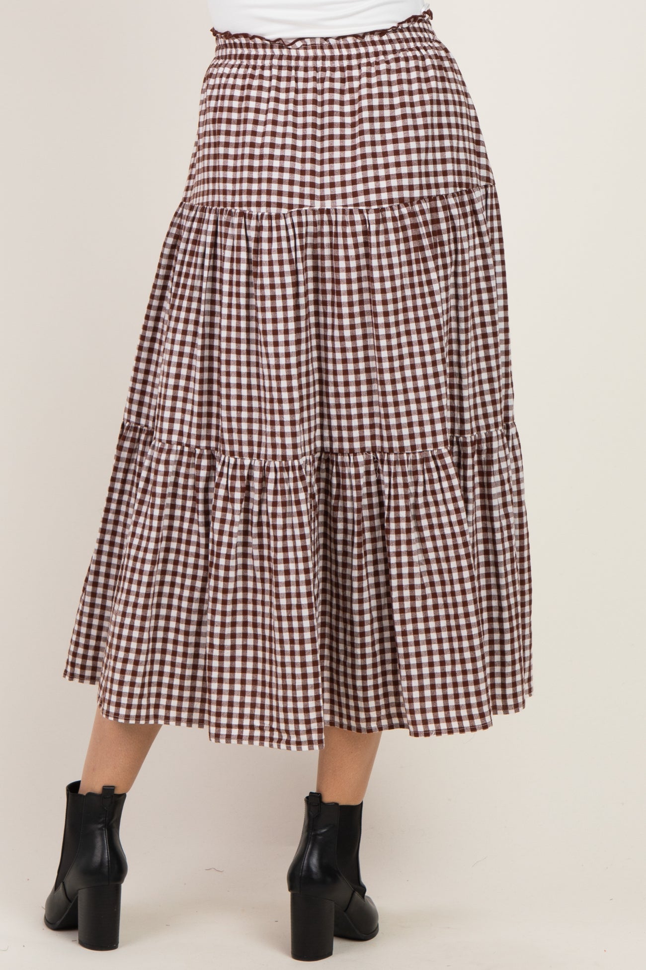 Brown Gingham Tiered Maxi Skirt