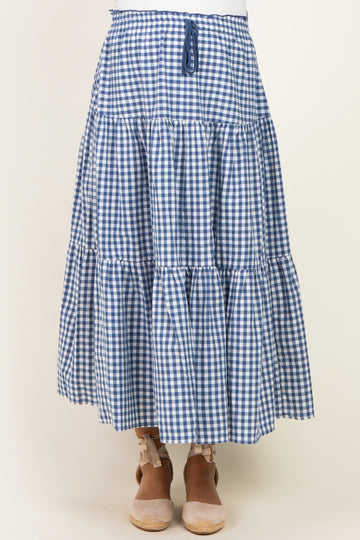 Navy Gingham Tiered Maternity Maxi Skirt