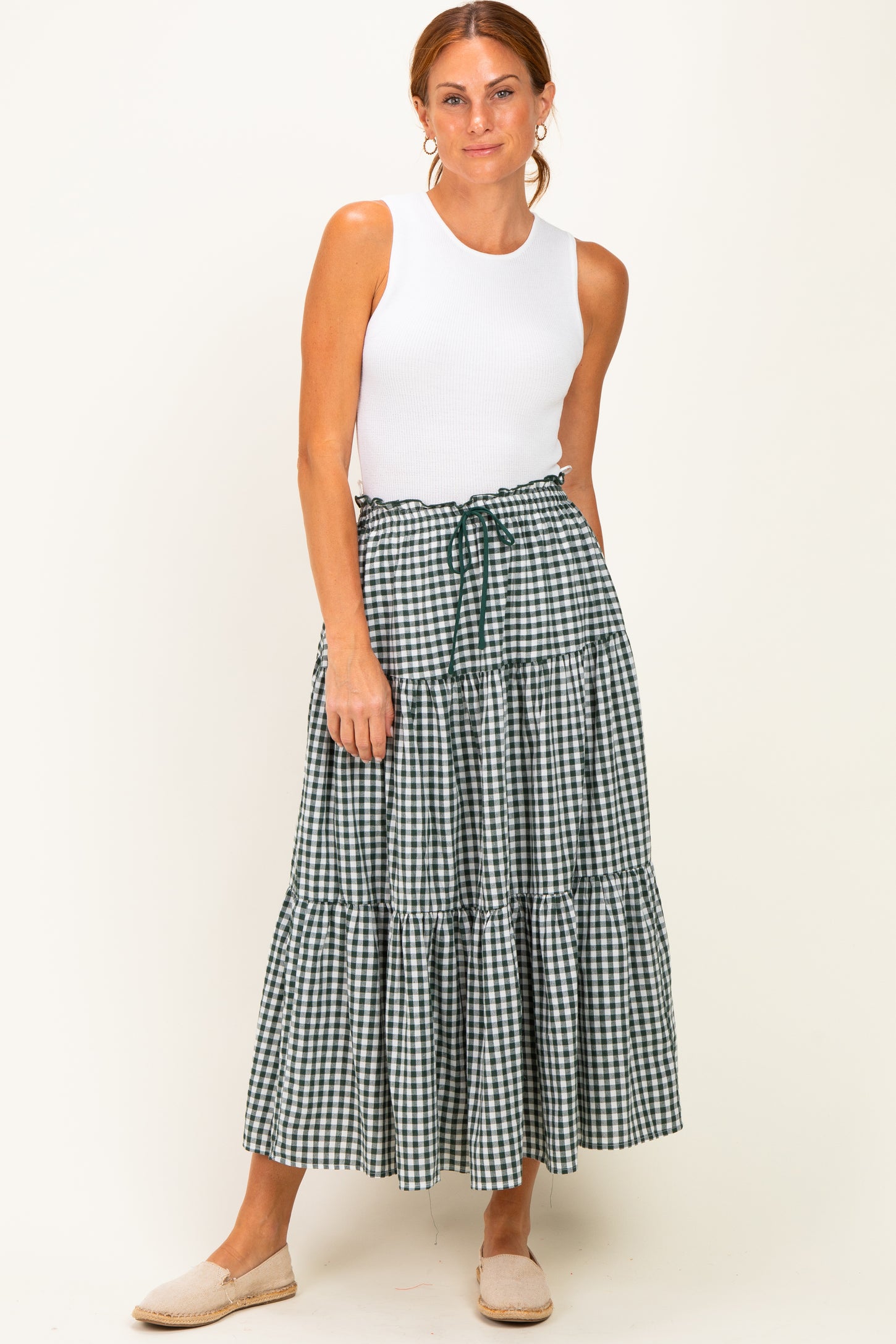 Olive Gingham Tiered Maxi Skirt