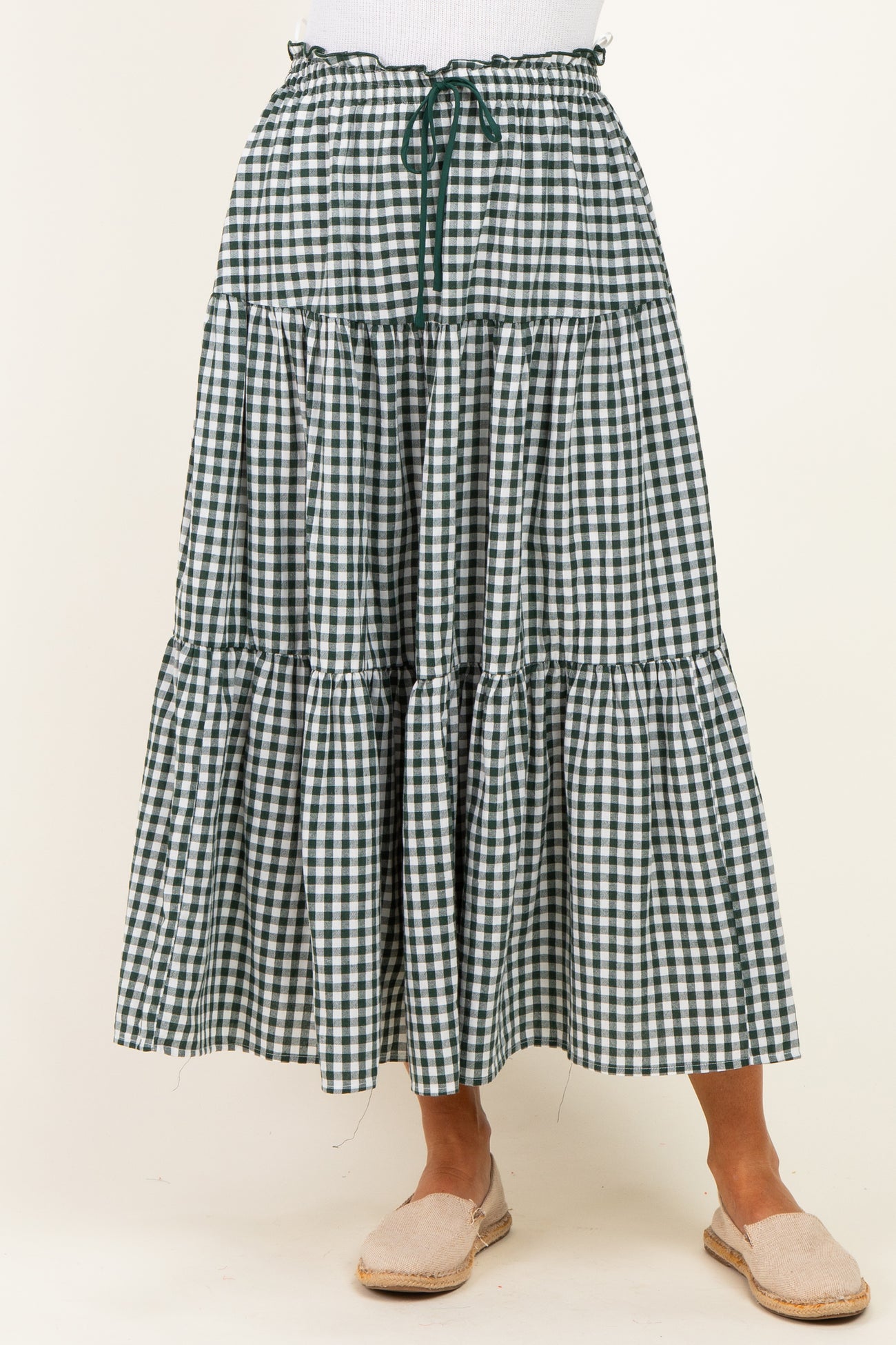 Olive Gingham Tiered Maxi Skirt