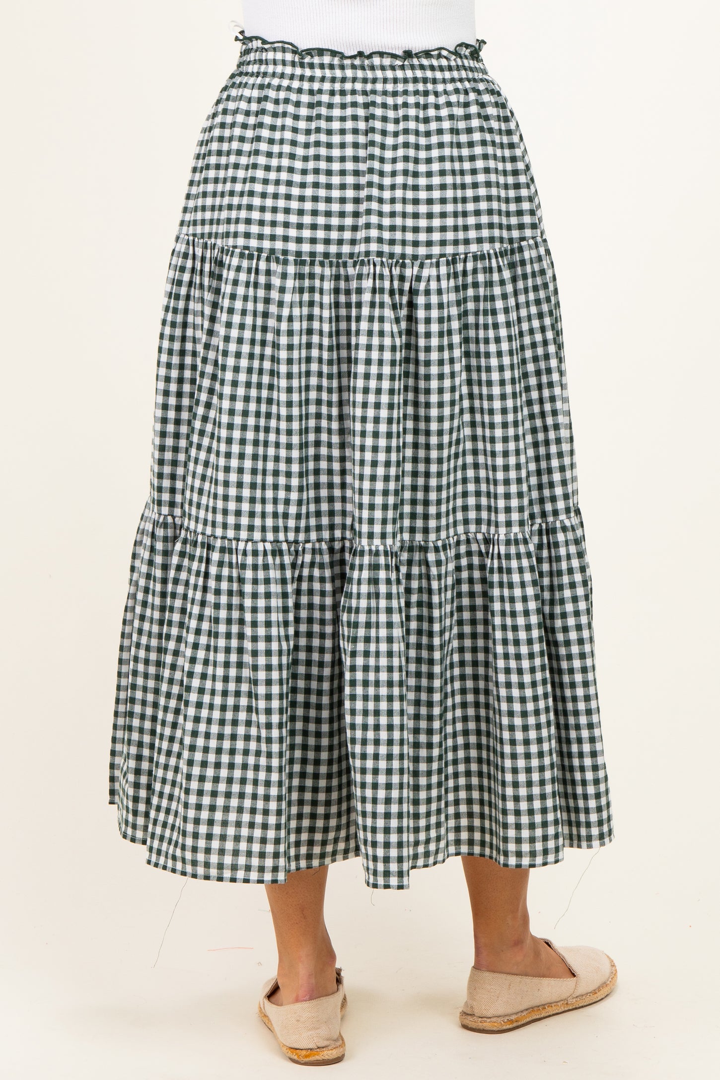 Olive Gingham Tiered Maxi Skirt