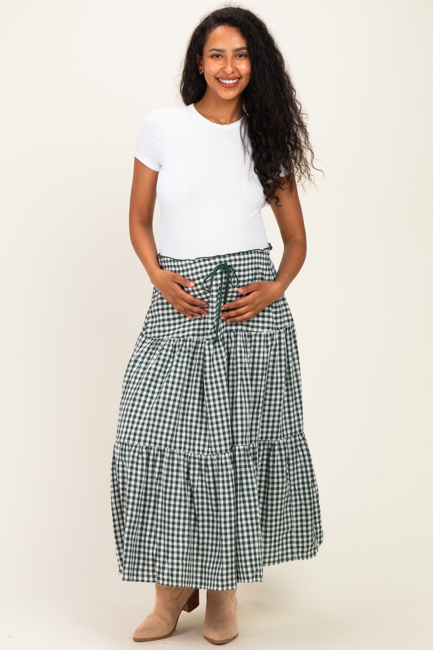 Olive Gingham Tiered Maternity Maxi Skirt