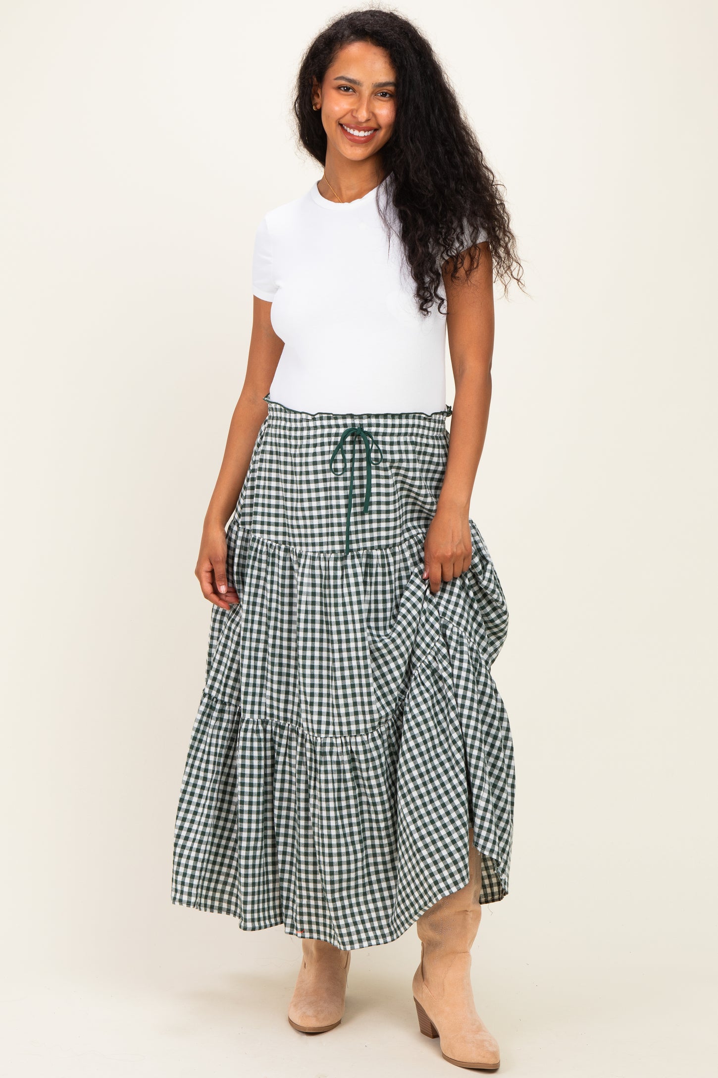 Olive Gingham Tiered Maternity Maxi Skirt