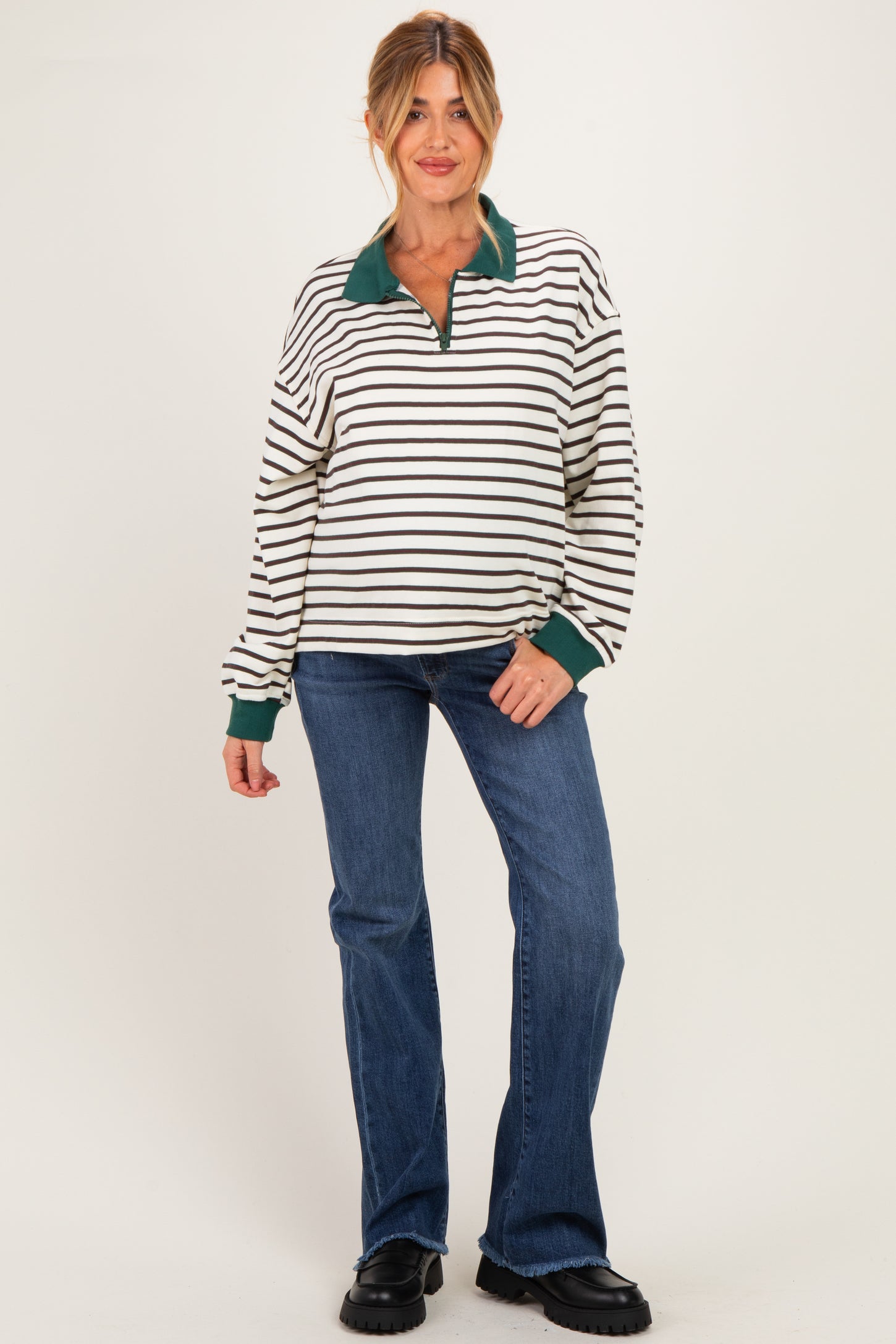 Ivory Striped Long Sleeve Maternity Polo Shirt