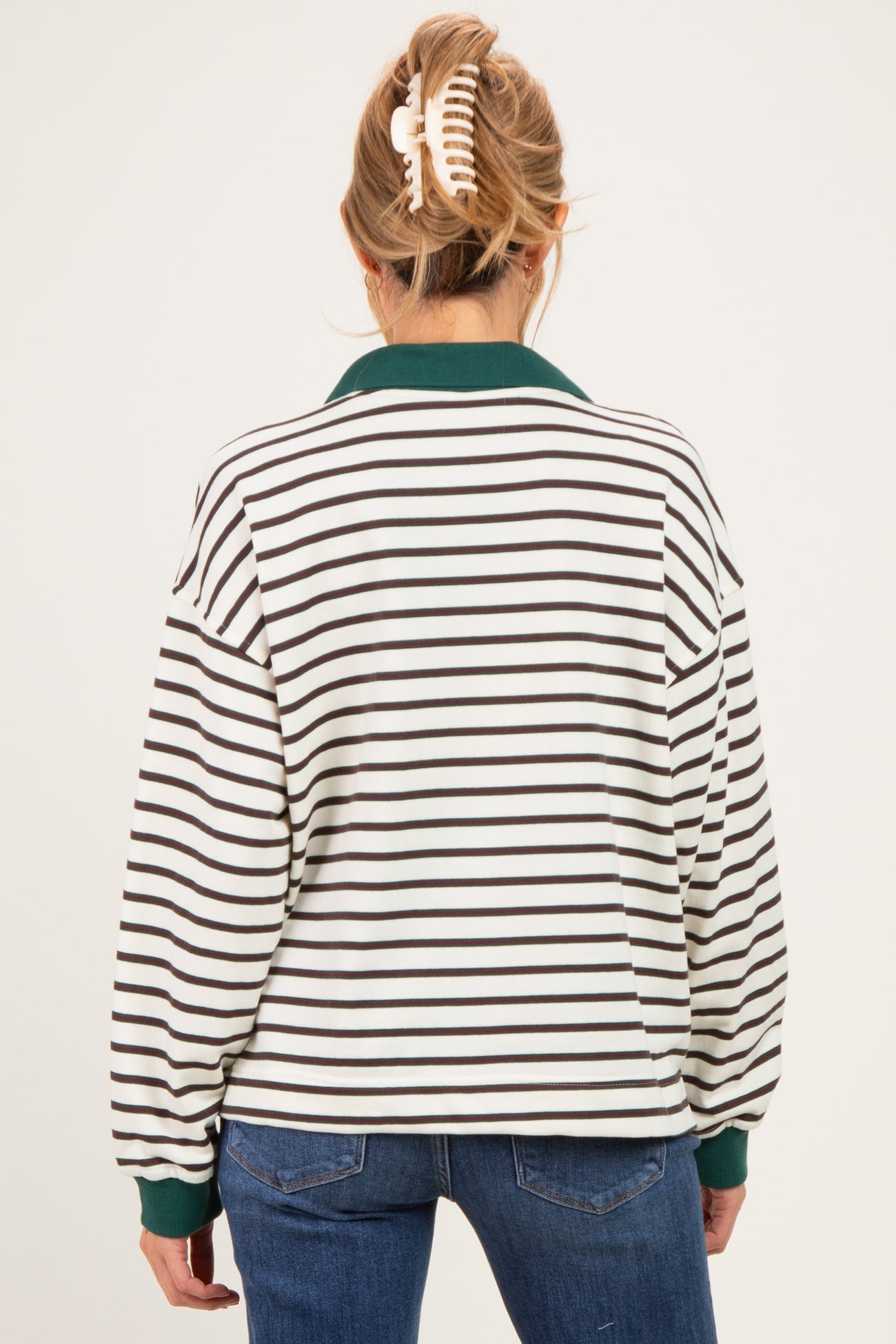 Ivory Striped Long Sleeve Maternity Polo Shirt