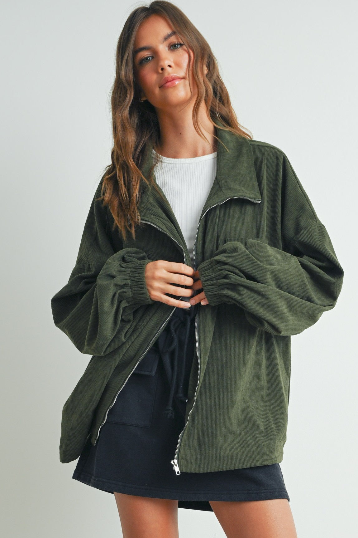 Olive Oversized Corduroy Zipper Jacket