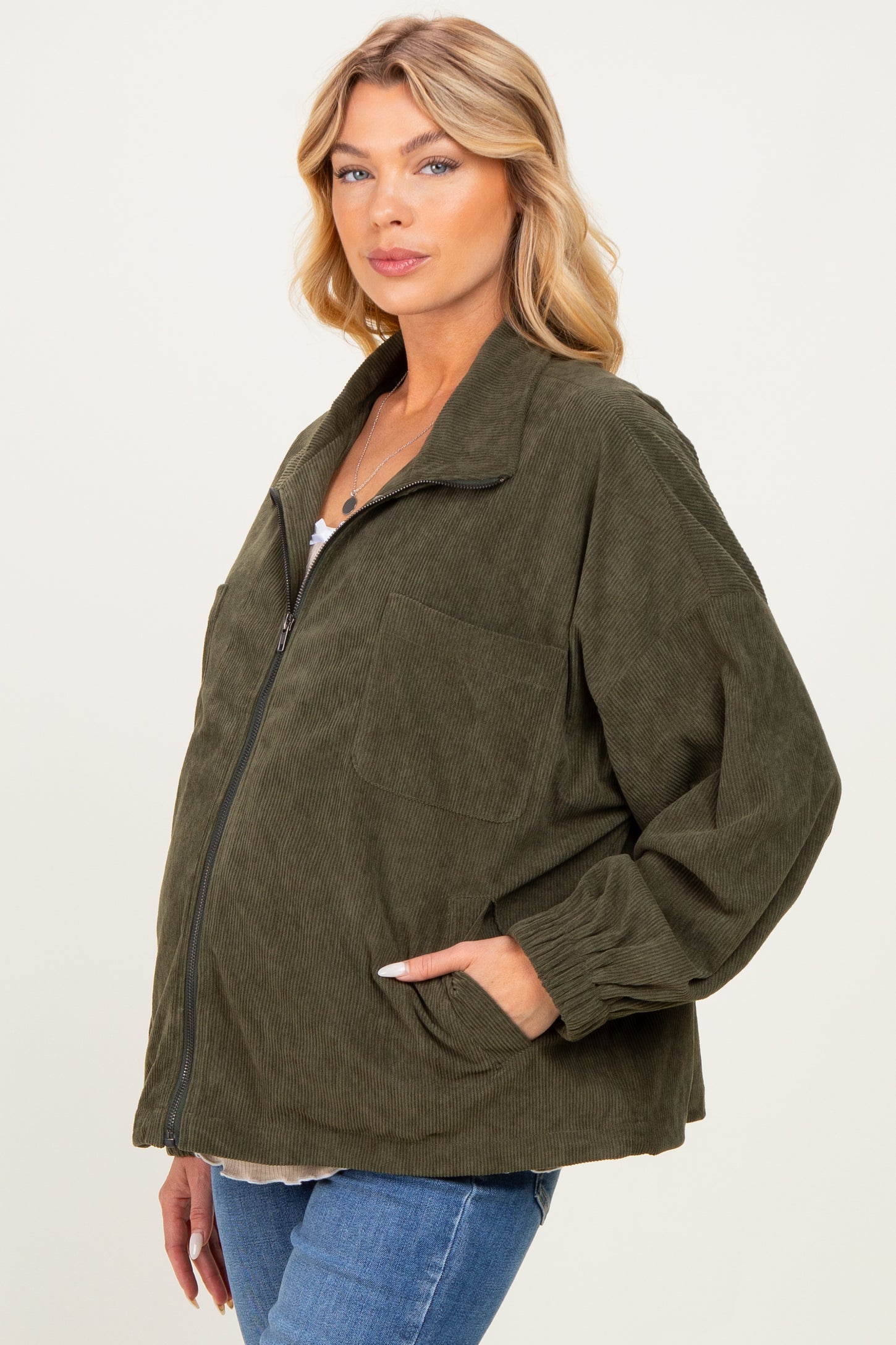 Olive Oversized Corduroy Maternity Zipper Jacket