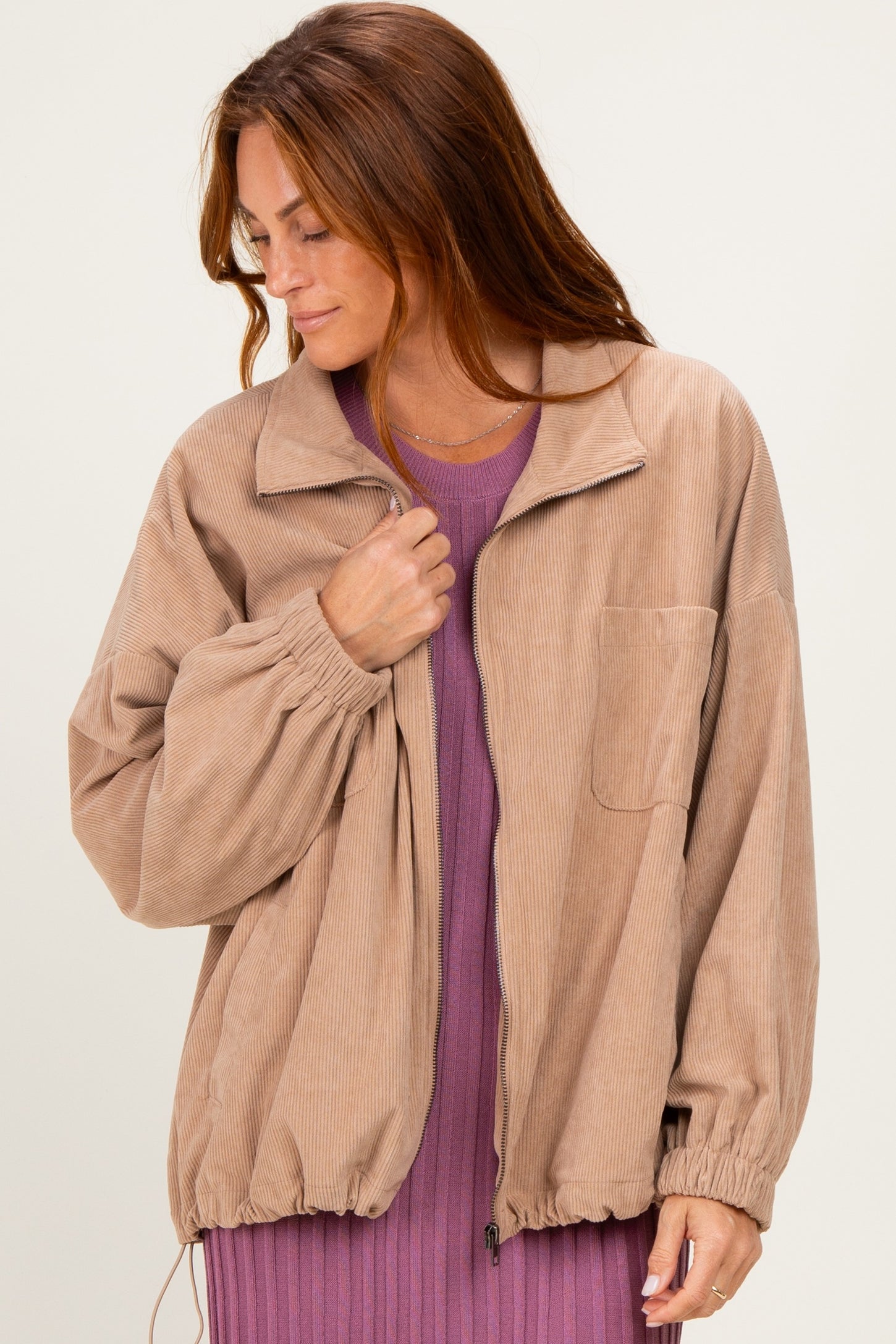 Khaki Oversized Corduroy Maternity Zipper Jacket