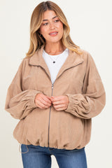 Khaki Oversized Corduroy Maternity Zipper Jacket