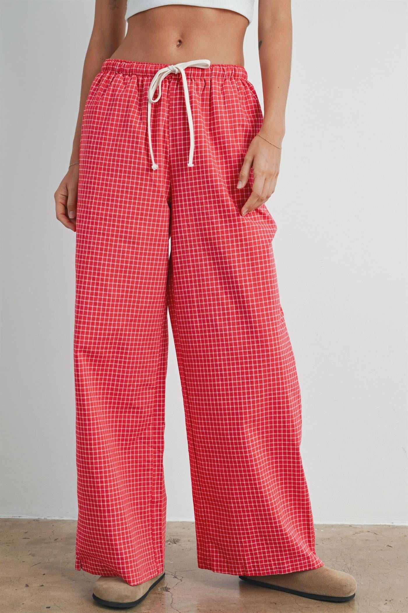 Red Plaid Drawstring Lounge Pants