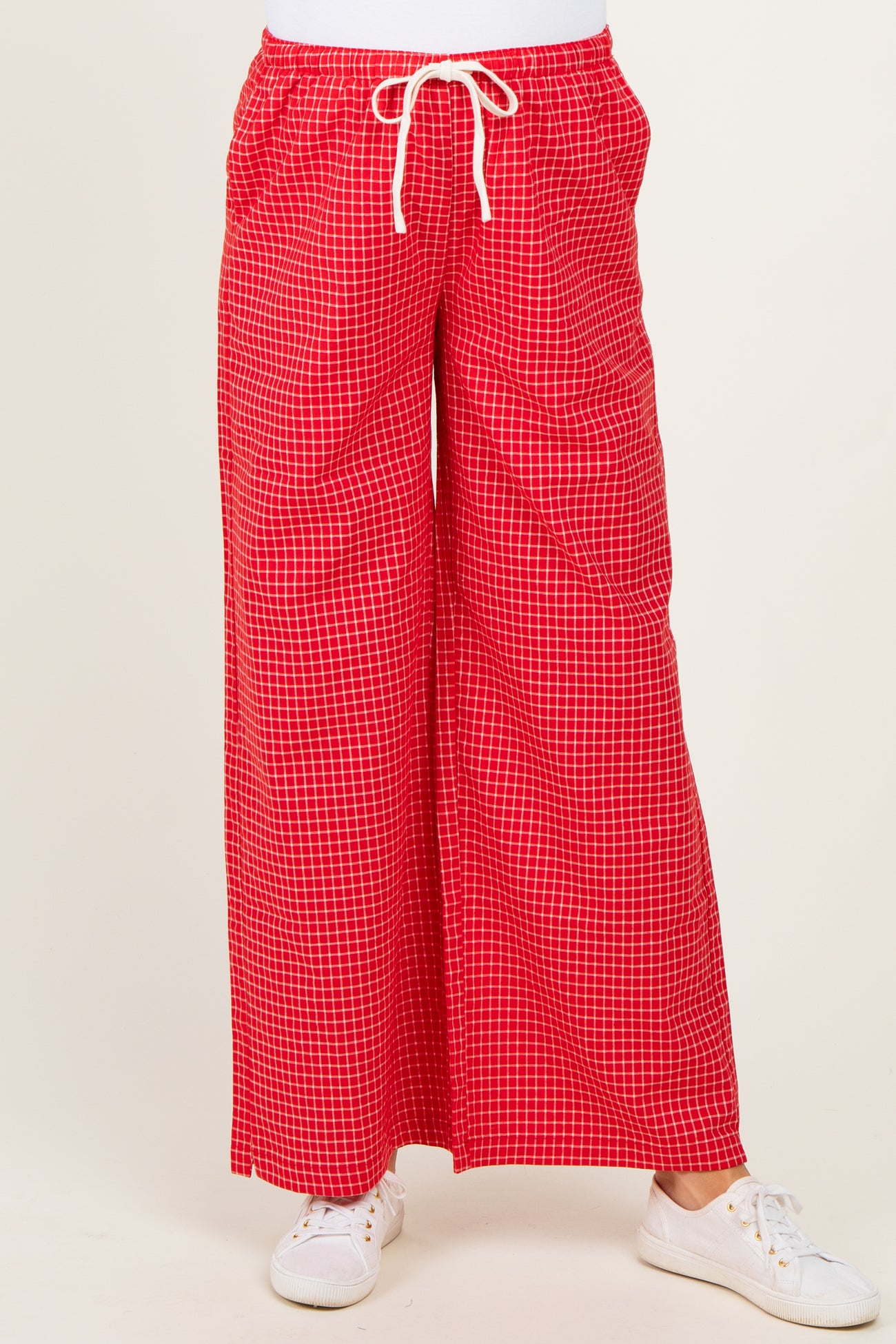 Red Plaid Drawstring Maternity Lounge Pants