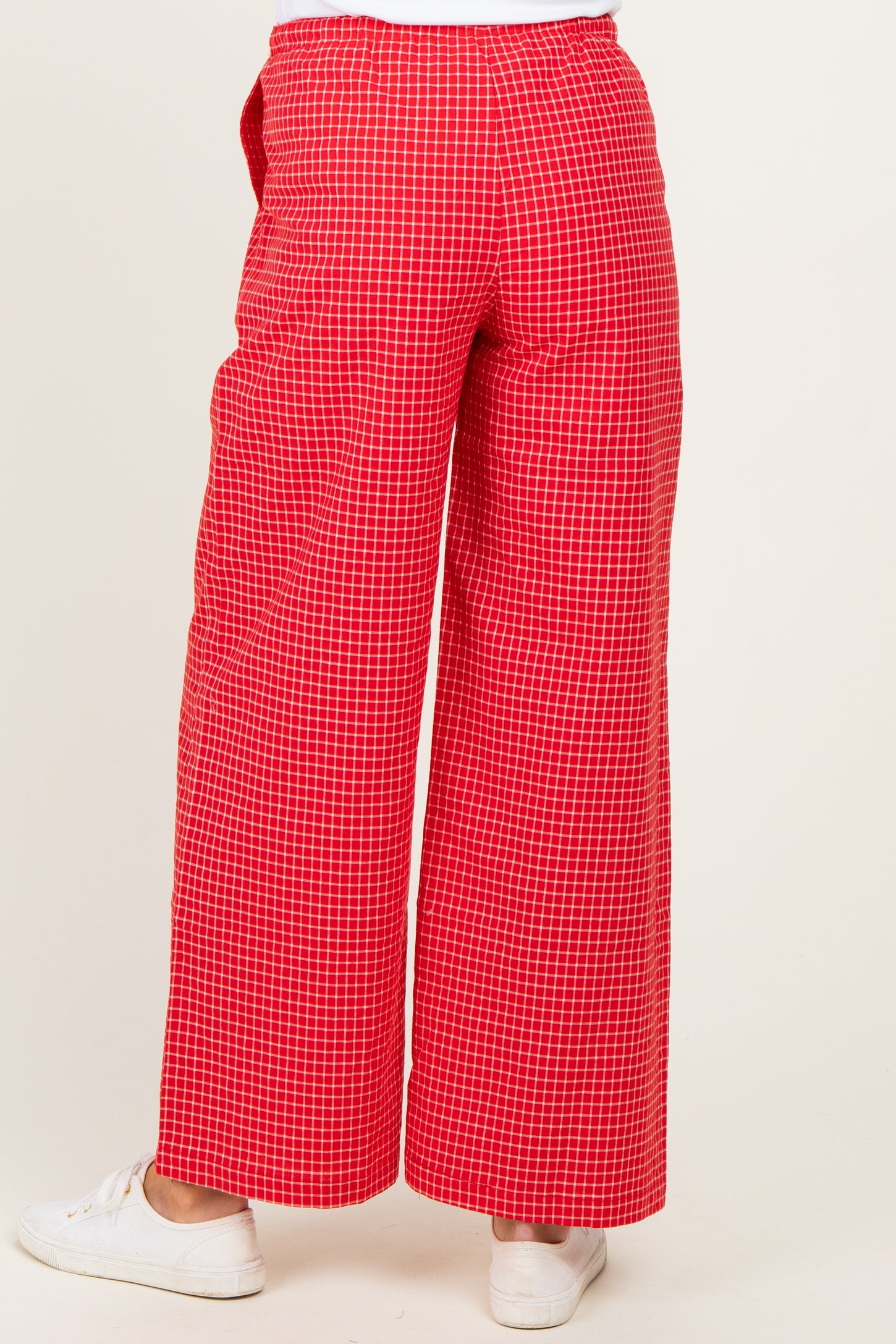 Red Plaid Drawstring Maternity Lounge Pants