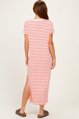 Coral/ Ivory Striped Short Sleeve Midi Dress