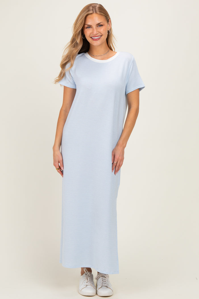 Ivory/ Light Blue Striped Short Sleeve Maternity Maxi Dress