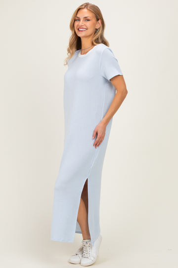 Ivory/ Light Blue Striped Short Sleeve Maxi Dress