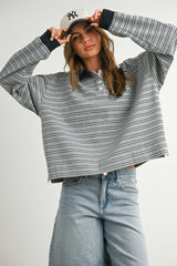 Grey Striped Long Sleeve Polo Top