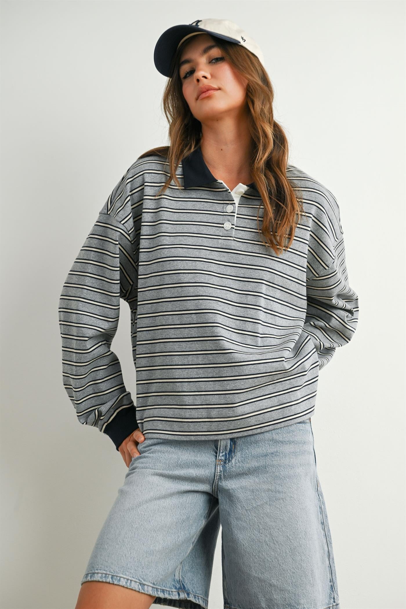 Grey Striped Long Sleeve Polo Top