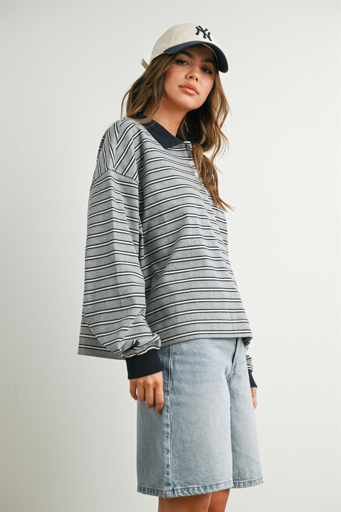 Grey Striped Long Sleeve Polo Top