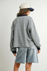 Grey Striped Long Sleeve Polo Top