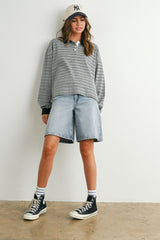 Grey Striped Long Sleeve Polo Top