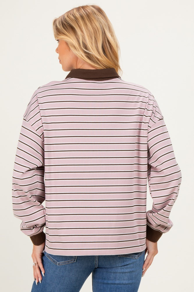 Mauve Striped Long Sleeve Polo Maternity Top