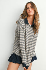 Light Taupe Striped Long Sleeve Polo Top