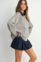 Light Taupe Striped Long Sleeve Polo Top