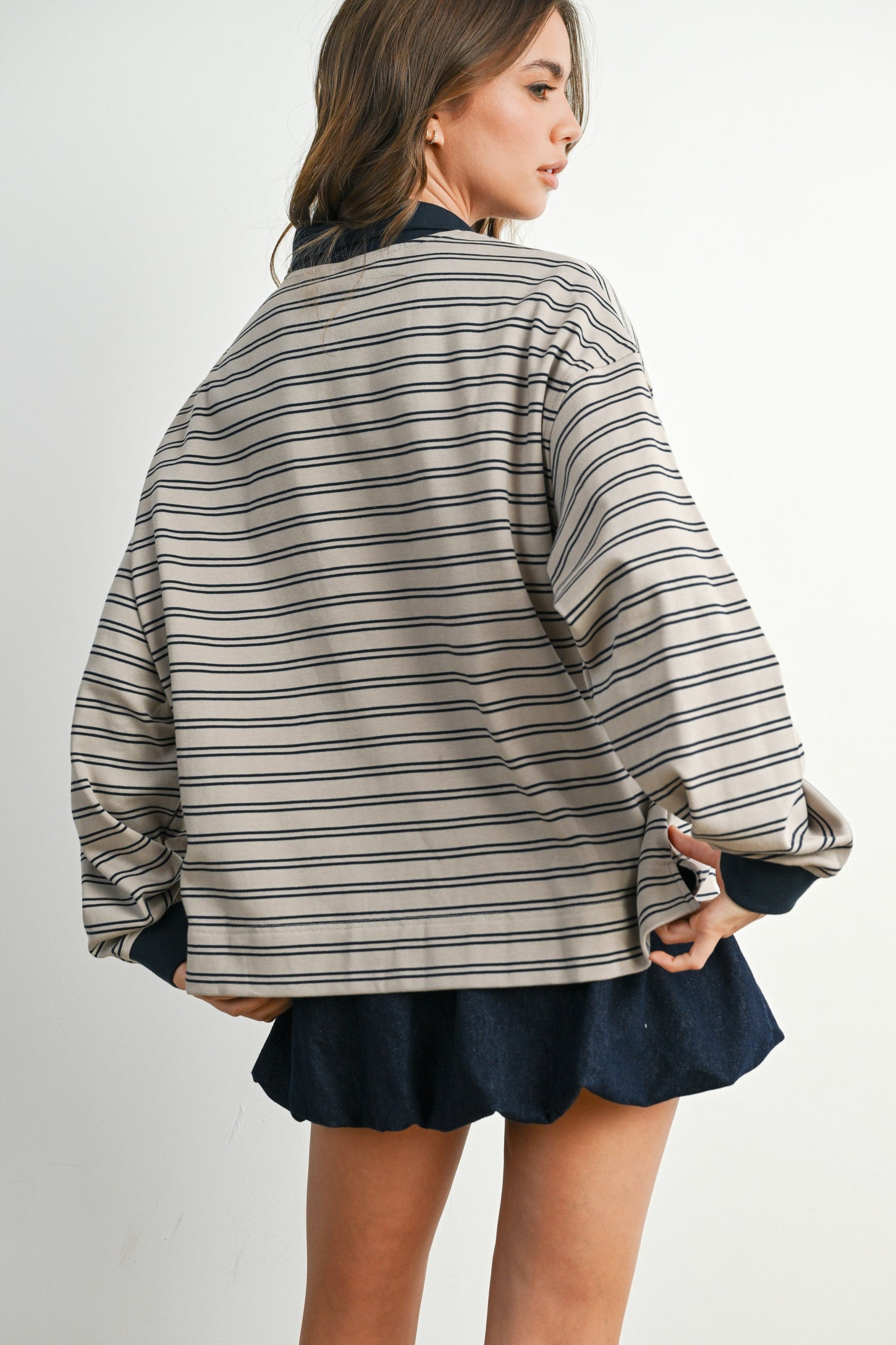 Light Taupe Striped Long Sleeve Polo Top