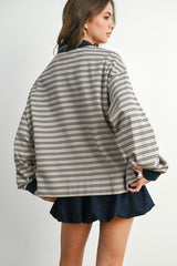 Light Taupe Striped Long Sleeve Polo Top