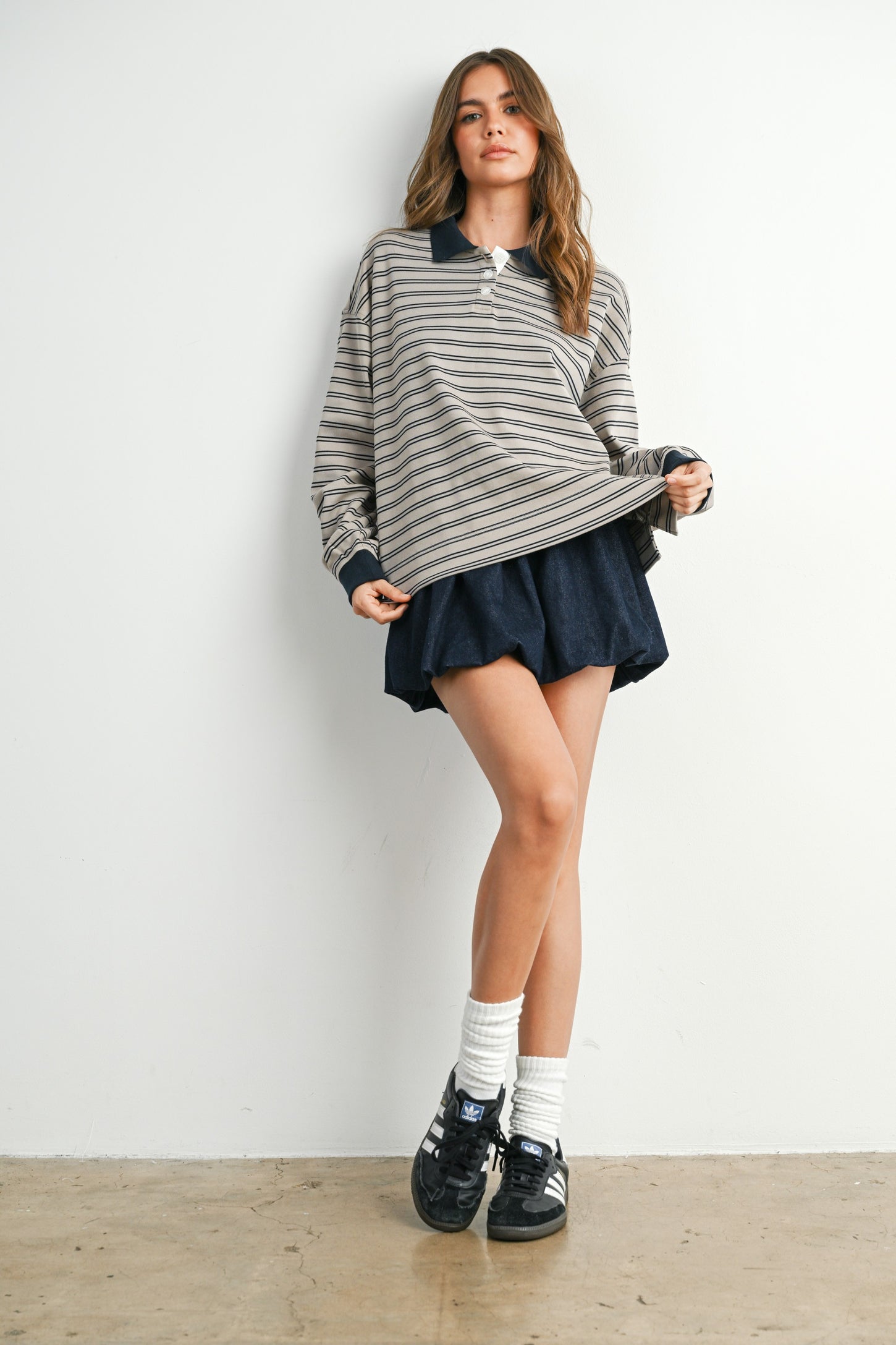 Light Taupe Striped Long Sleeve Polo Top