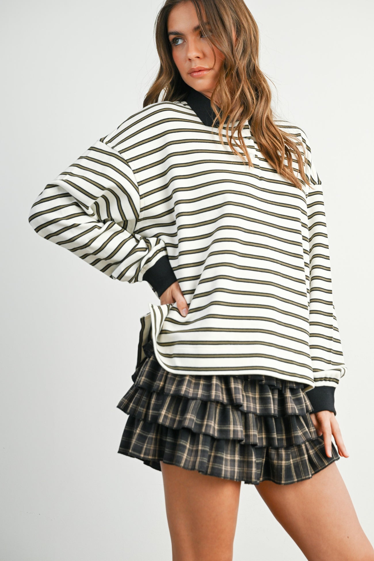 Ivory Striped Long Sleeve Polo Top