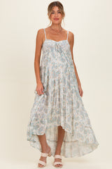 Cream Hi-Lo Spaghetti Strap Paisley Ruffle Maternity Maxi Dress
