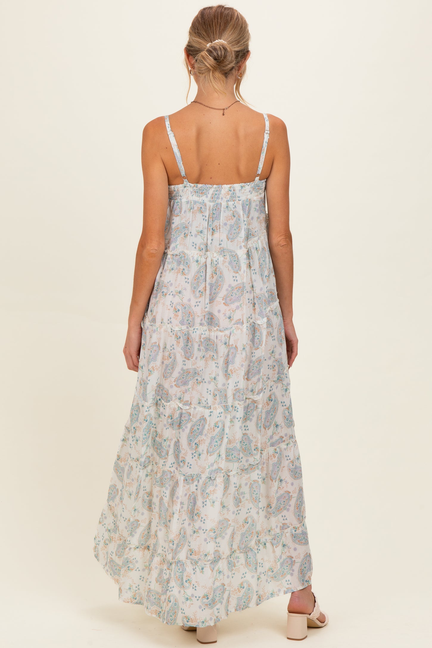 Cream Hi-Lo Spaghetti Strap Paisley Ruffle Maternity Maxi Dress