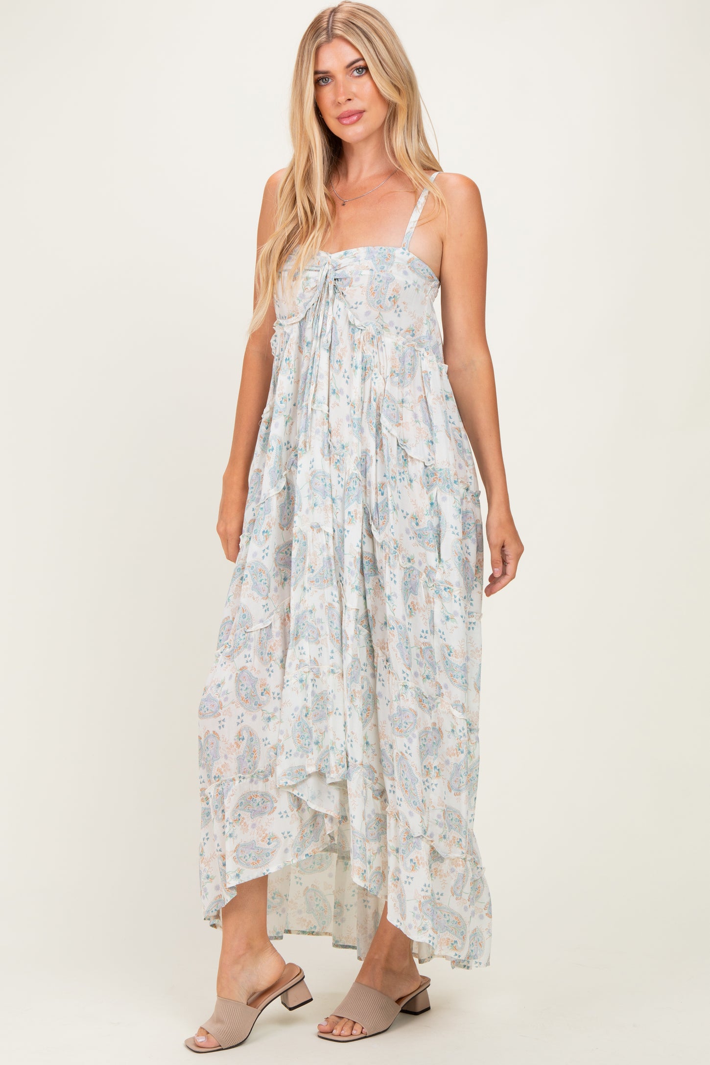 Cream Hi-Lo Spaghetti Strap Paisley Ruffle Maxi Dress