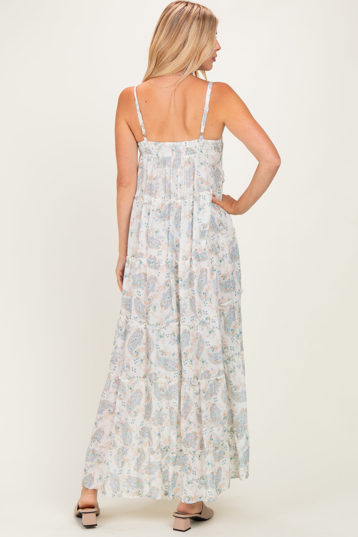 Cream Hi-Lo Spaghetti Strap Paisley Ruffle Maxi Dress