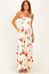 Cream Floral Thin Strap Midi Dress