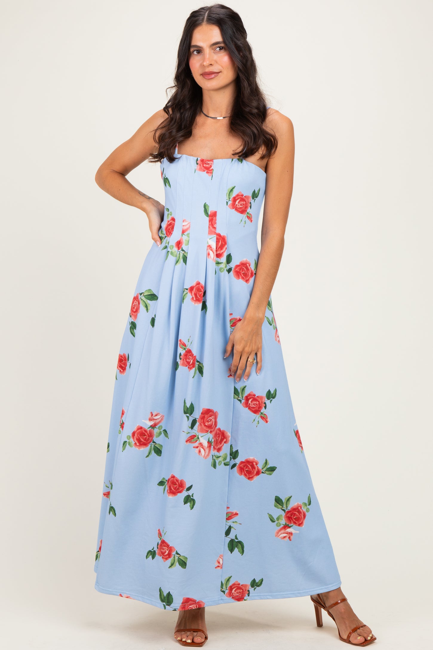 Light Blue Floral Thin Strap Maternity Midi Dress