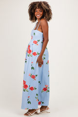 Light Blue Floral Thin Strap Maternity Midi Dress