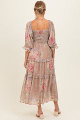 Taupe Floral Smocked Chiffon Tiered Maternity Maxi Dress