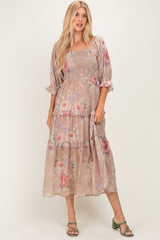 Taupe Floral Smocked Chiffon Tiered Maxi Dress