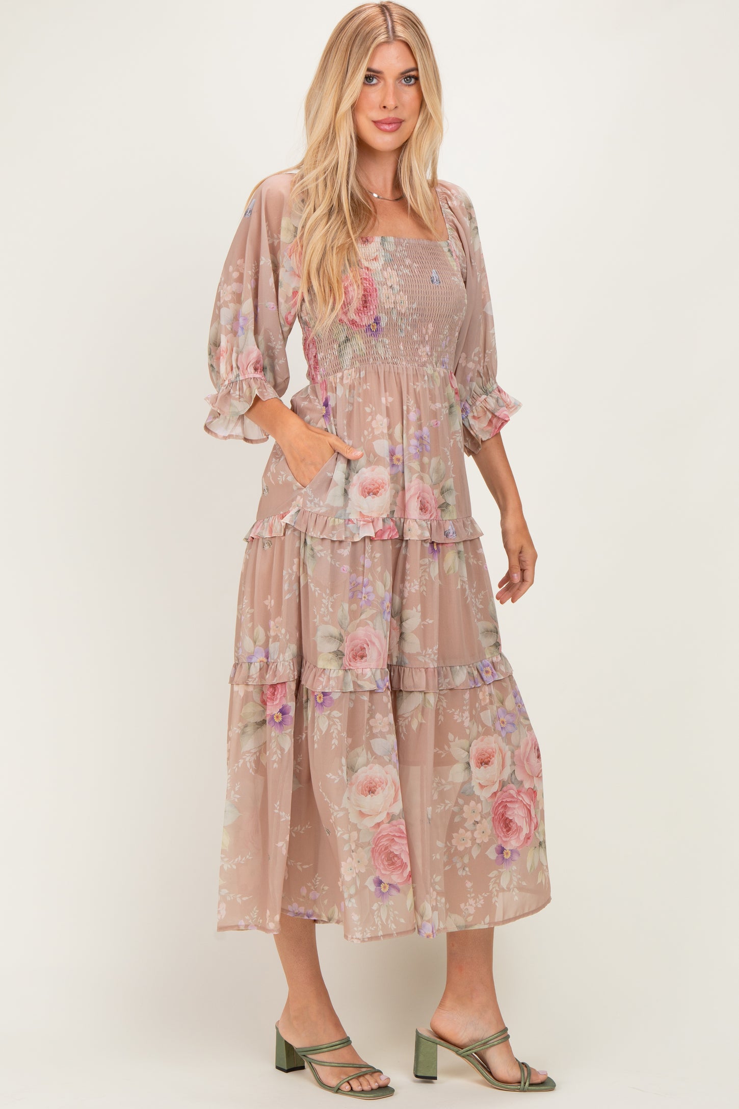 Taupe Floral Smocked Chiffon Tiered Maxi Dress