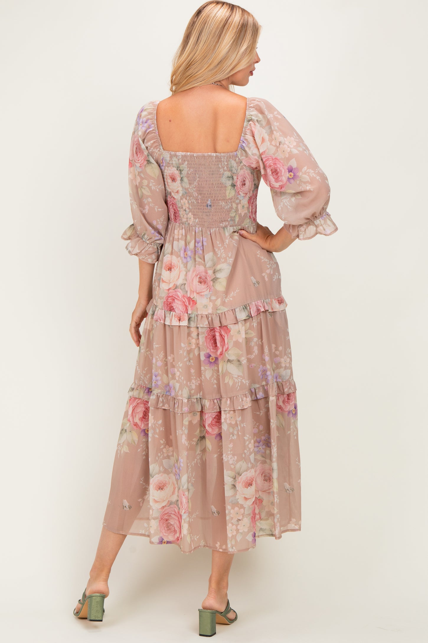 Taupe Floral Smocked Chiffon Tiered Maxi Dress