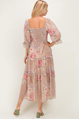 Taupe Floral Smocked Chiffon Tiered Maxi Dress