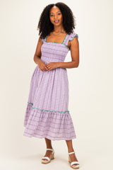 Lavender Plaid Smocked Ruffle Accent Maternity Midi Dress
