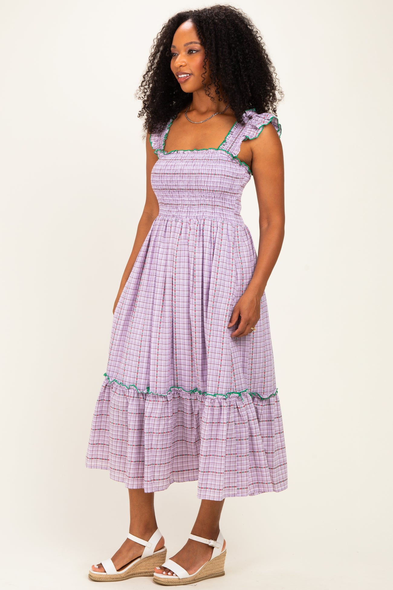 Lavender Plaid Smocked Ruffle Accent Midi Dress