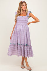 Lavender Plaid Smocked Ruffle Accent Maternity Midi Dress