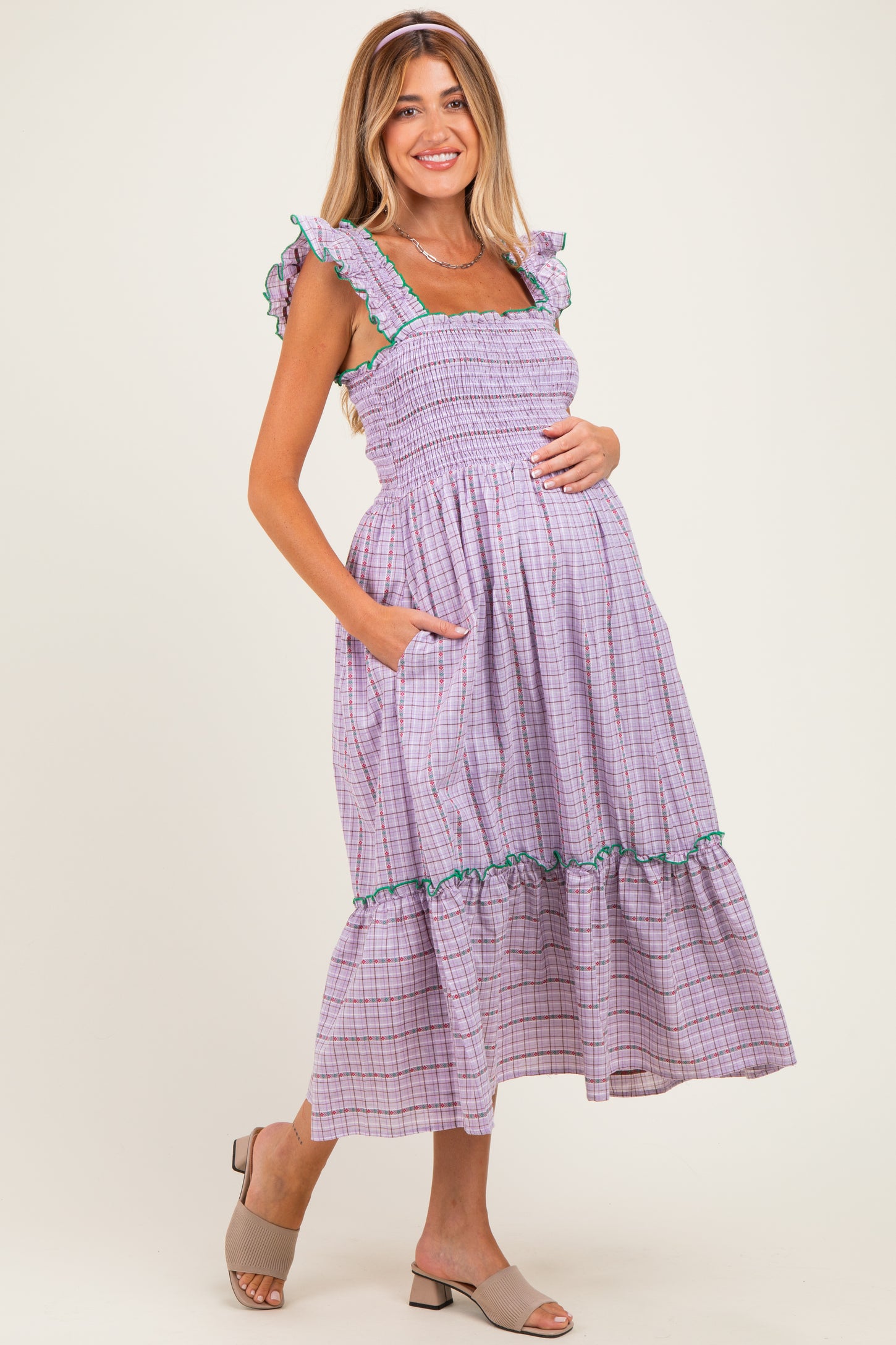 Lavender Plaid Smocked Ruffle Accent Maternity Midi Dress