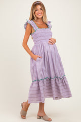 Lavender Plaid Smocked Ruffle Accent Maternity Midi Dress