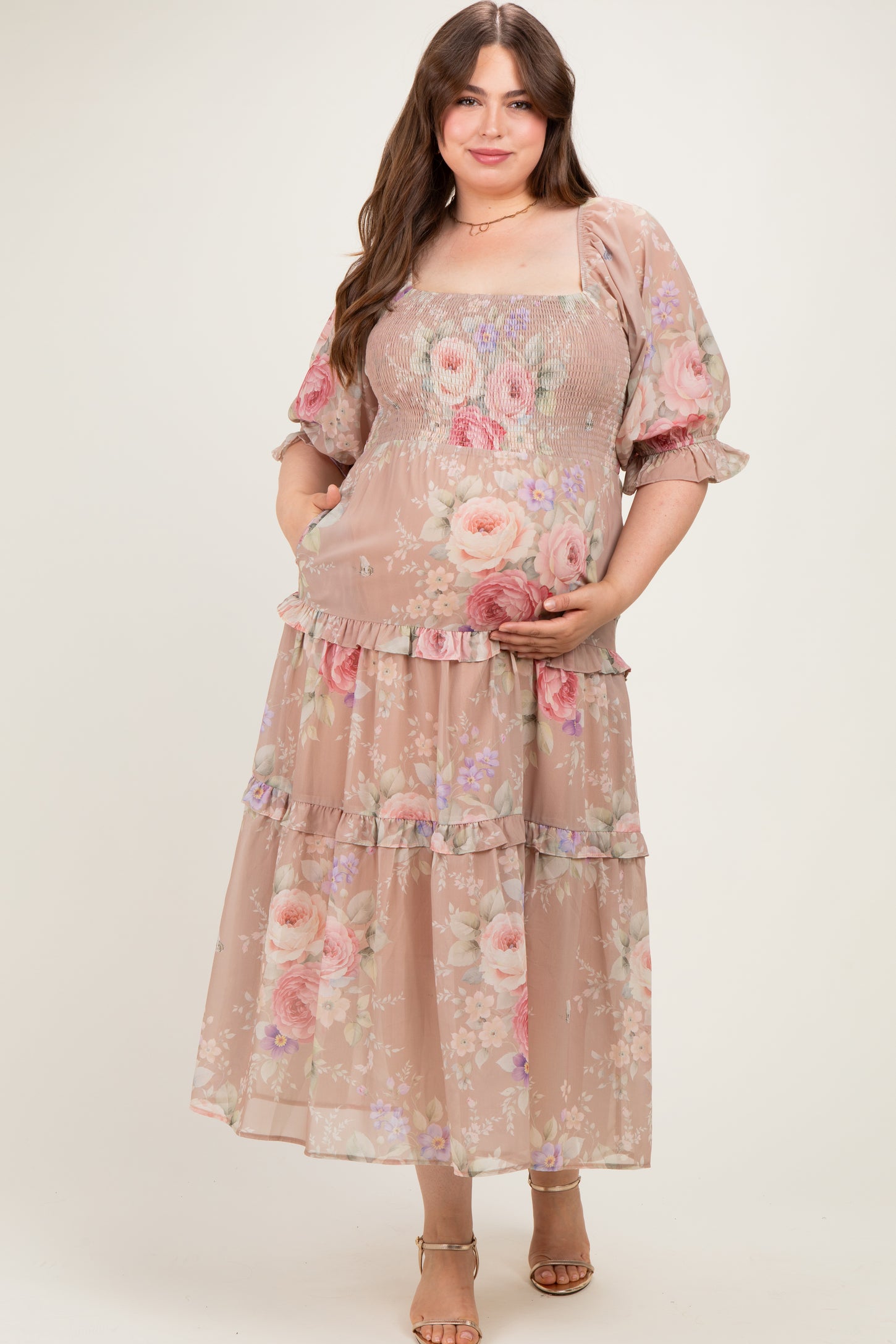 Taupe Floral Smocked Chiffon Tiered Maternity Plus Maxi Dress